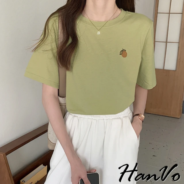 HanVo 現貨 濟州島的小橘子刺繡純棉T(百搭顯瘦圓領短袖上衣 簡約時尚T恤 韓系女裝 女生衣著 抹綠 1244)