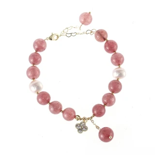【I.Dear Jewelry】網紅氣質款巴洛克天然珍珠草莓晶四葉草串珠手鍊(粉色)