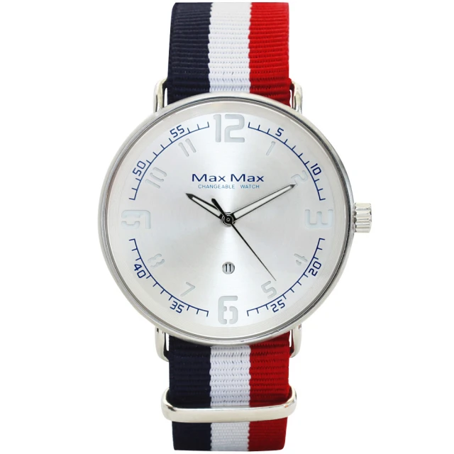 【Max Max】簡約紐約夾層帆布風腕錶-銀X藍白紅(MAS7008-2)