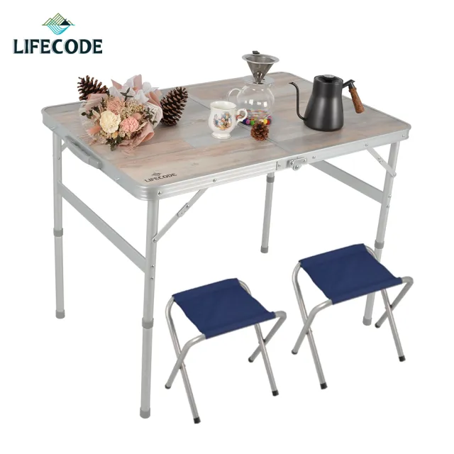 【LIFECODE】《009》橡木紋鋁合金折疊桌90x60cm+2張帆布椅