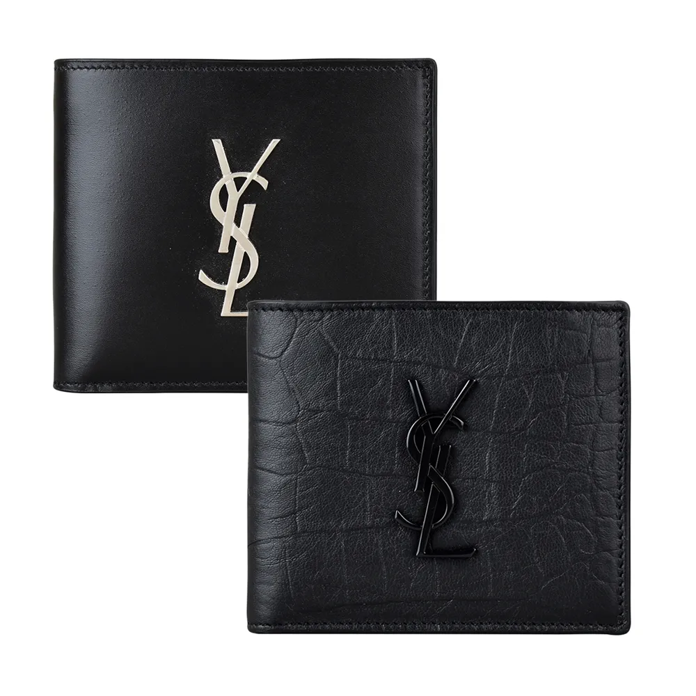 【YSL】YSL Monogram黑/銀字LOGO牛皮8卡對折短夾(兩款)