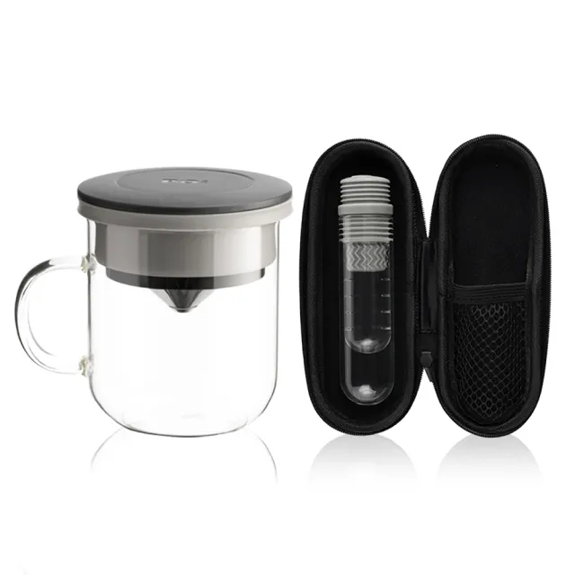【PO:】咖啡泡茶兩件組(咖啡玻璃杯350ml-黑灰/試管茶格-灰)