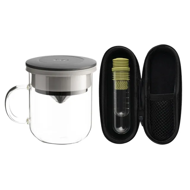 【PO:】咖啡泡茶兩件組(咖啡玻璃杯350ml-黑灰/試管茶格-綠)