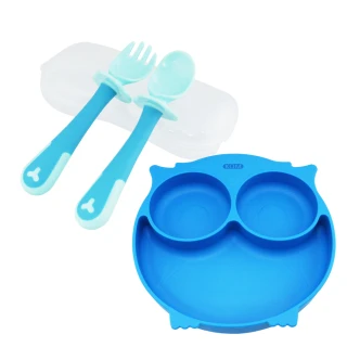 兒童矽膠餐盤-貓頭鷹-深海藍X1入+矽膠兒童學習叉匙組-湖水藍X1組(兒童餐盤)