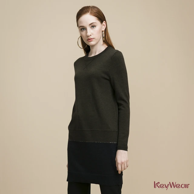 【KeyWear 奇威名品】100%羊毛假兩件長版長袖毛衣