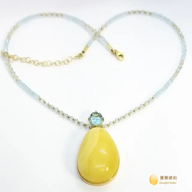 【優雅琥珀】來自波蘭 水滴形優質蜜蠟與藍色托帕石項鍊(具國際琥珀協會鑑定保證卡)