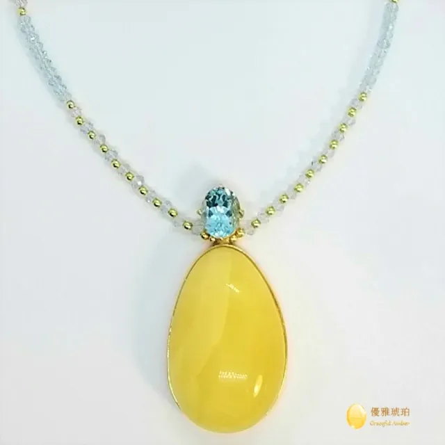 【優雅琥珀】來自波蘭 水滴形優質蜜蠟與藍色托帕石項鍊(具國際琥珀協會鑑定保證卡)