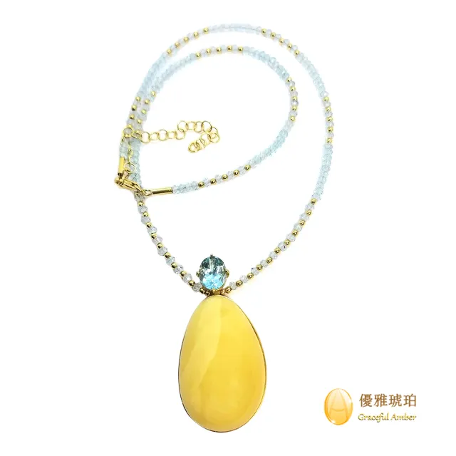【優雅琥珀】來自波蘭 水滴形優質蜜蠟與藍色托帕石項鍊(具國際琥珀協會鑑定保證卡)