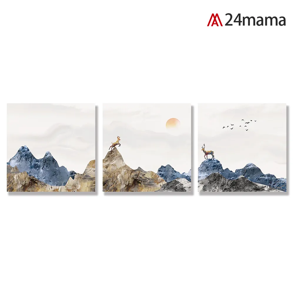 【24mama 掛畫】三聯式 油畫布 藍色典雅水墨山水畫-30X30cm(麋鹿意境)