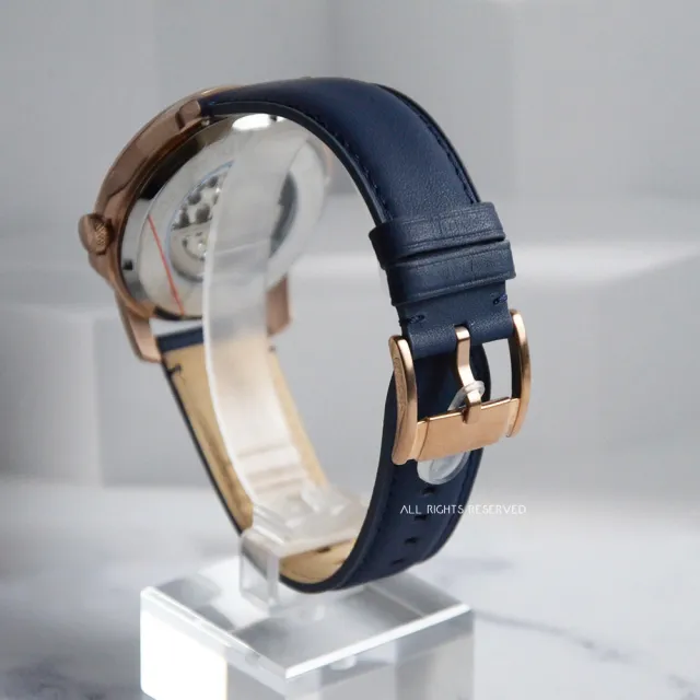 【FOSSIL】鏤空玫瑰金殼藍面皮革手錶 機械錶 男錶 母親節(ME3102)