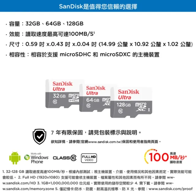 【SanDisk 晟碟】[全新版] 32GB Ultra 100MB/s升級 C10 UHS-I 記憶卡(升速版 100MB/s 7年保固)