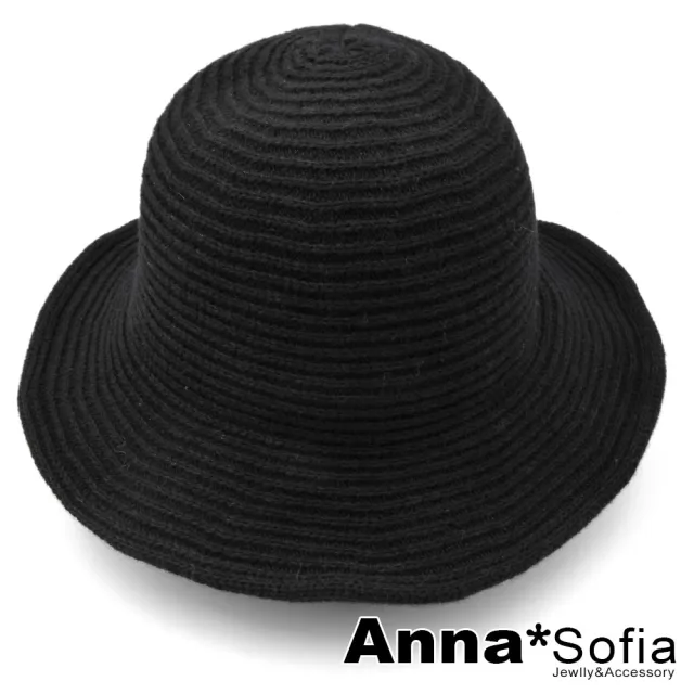 【AnnaSofia】寬簷軟式漁夫帽盆帽-圈層保暖毛線織 現貨(黑色系)