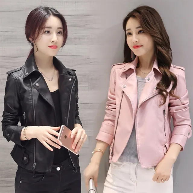 【CHACO】/現貨/女 率性經典翻領修身短版皮衣外套#py04(PU 皮衣 夾克 女外套 韓國)
