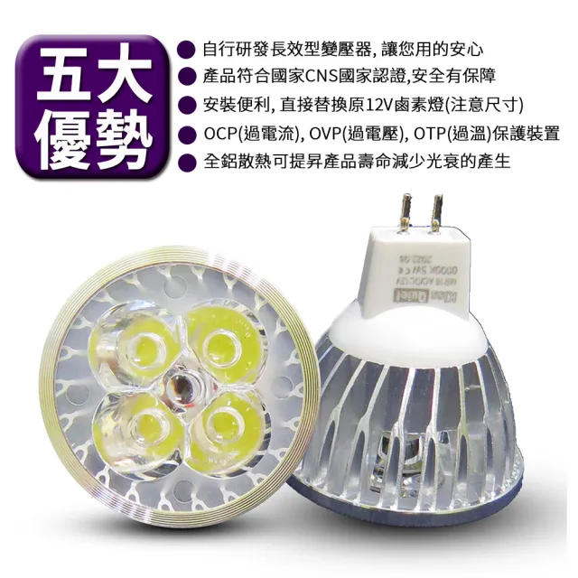 【KISS QUIET】4燈5W MR16 LED燈泡 400流明 12V 白光 黃光-4入(投射燈 杯燈 鹵素燈 燈泡 MR16)