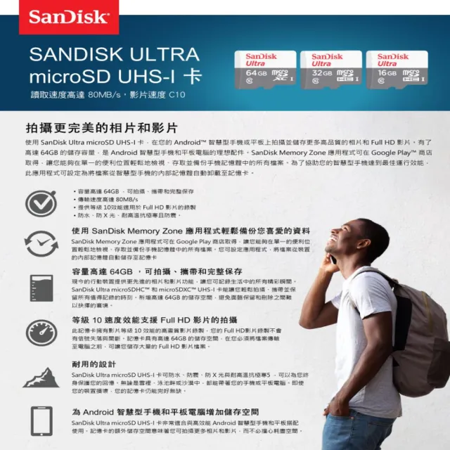 【SanDisk 晟碟】全新版 64GB Ultra MicroSD C10 UHS-I 記憶卡(最高讀取 100MB/s 原廠7年保固)