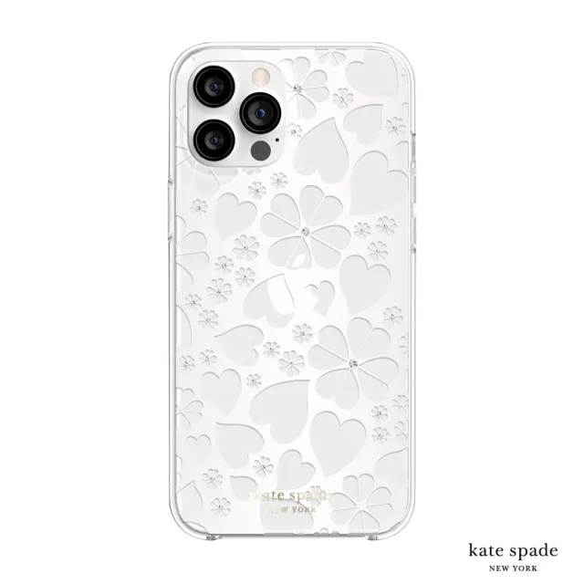 【KATE SPADE】iPhone 12 Pro Max 6.7吋 Clover Hearts 愛心/幸運草 白色鑲鑽透明殼(iPhone 保護殼)