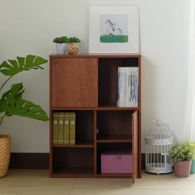 【EASY HOME】台灣製 -雙門四格可堆疊收納書櫃-胡桃色(收納櫃 日式書櫃 雜誌櫃 繪本櫃 置物櫃)