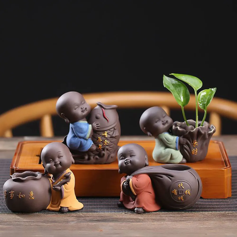 【古緣居】紫砂小和尚花器茶寵擺件茶具配件小花瓶套組(四個一組)