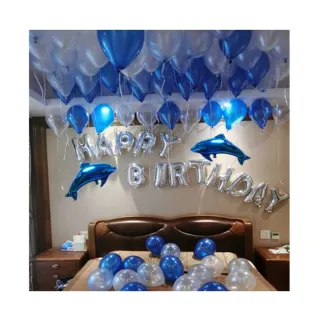 藍色系海豚生日快樂套組1組(生日氣球 生日佈置 生日派對 派對氣球 氣球 鋁模氣球)