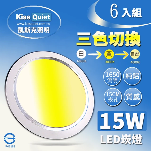 【KISS QUIET】15W 可切三色崁燈 全電壓-6入(崁燈 吸頂燈 嵌燈 燈泡 軌道燈 面板管)