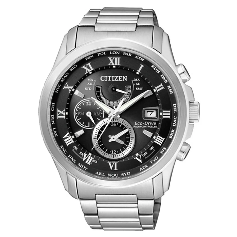 【CITIZEN 星辰】Eco-Drive 震撼出擊三眼電波錶-黑x銀(AT9080-57E)