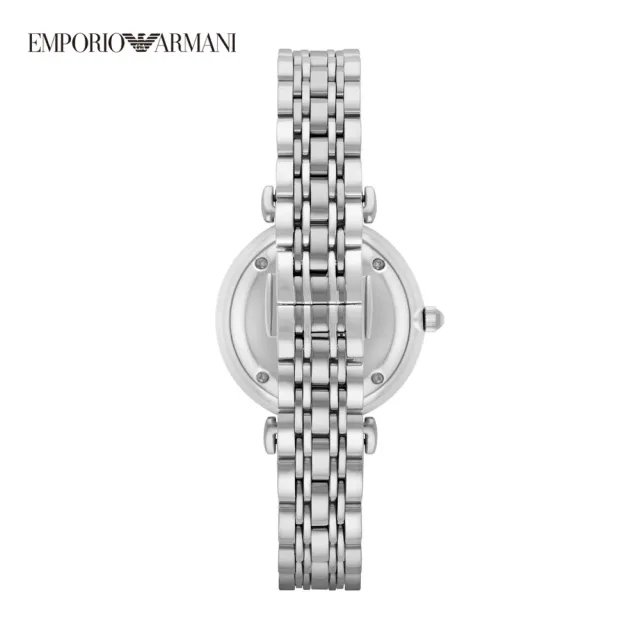 【EMPORIO ARMANI 官方直營】Gianni T-bar 簡約耀眼晶鑽女錶  星空銀交織不鏽鋼鏈帶 32mm AR1925