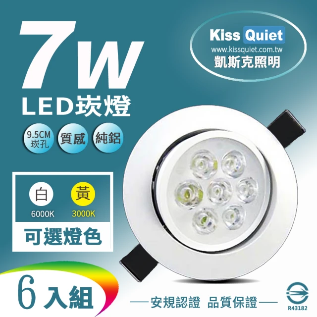【KISS QUIET】7W LED崁燈 開孔9.5cm - 6入(鹵素燈/崁燈/吸頂燈/嵌燈/燈泡)