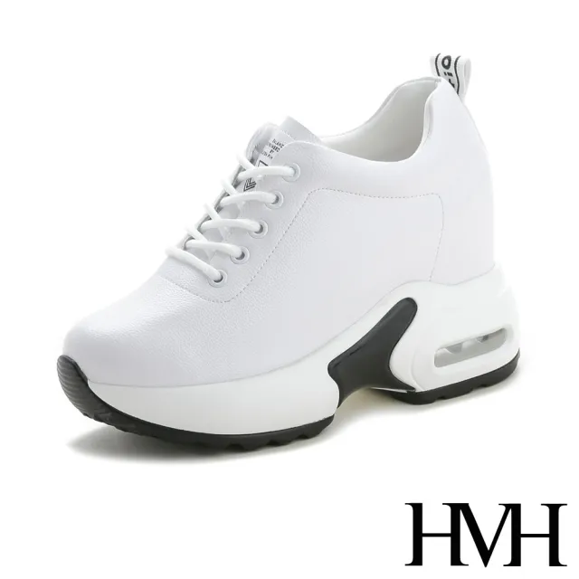 【HMH】真皮舒適輕量厚底氣墊內增高純色百搭休閒鞋(白)