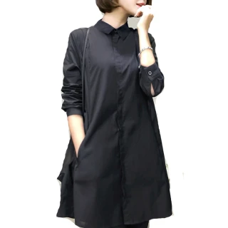 【ACheter】韓版純色素面風衣款設計中長版棉麻長袖襯衫#108169現貨+預購(黑色)
