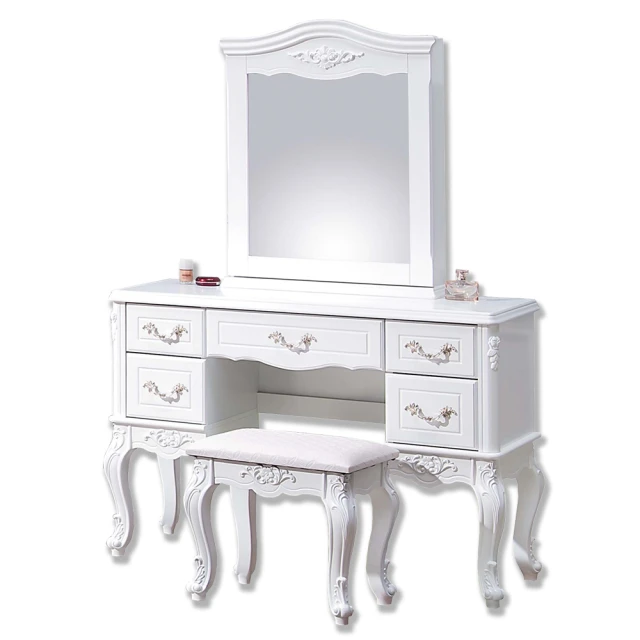 【BODEN】艾莉雅3.5尺法式歐風白色化妝桌/鏡台/梳妝台-高腳型(贈化妝椅)