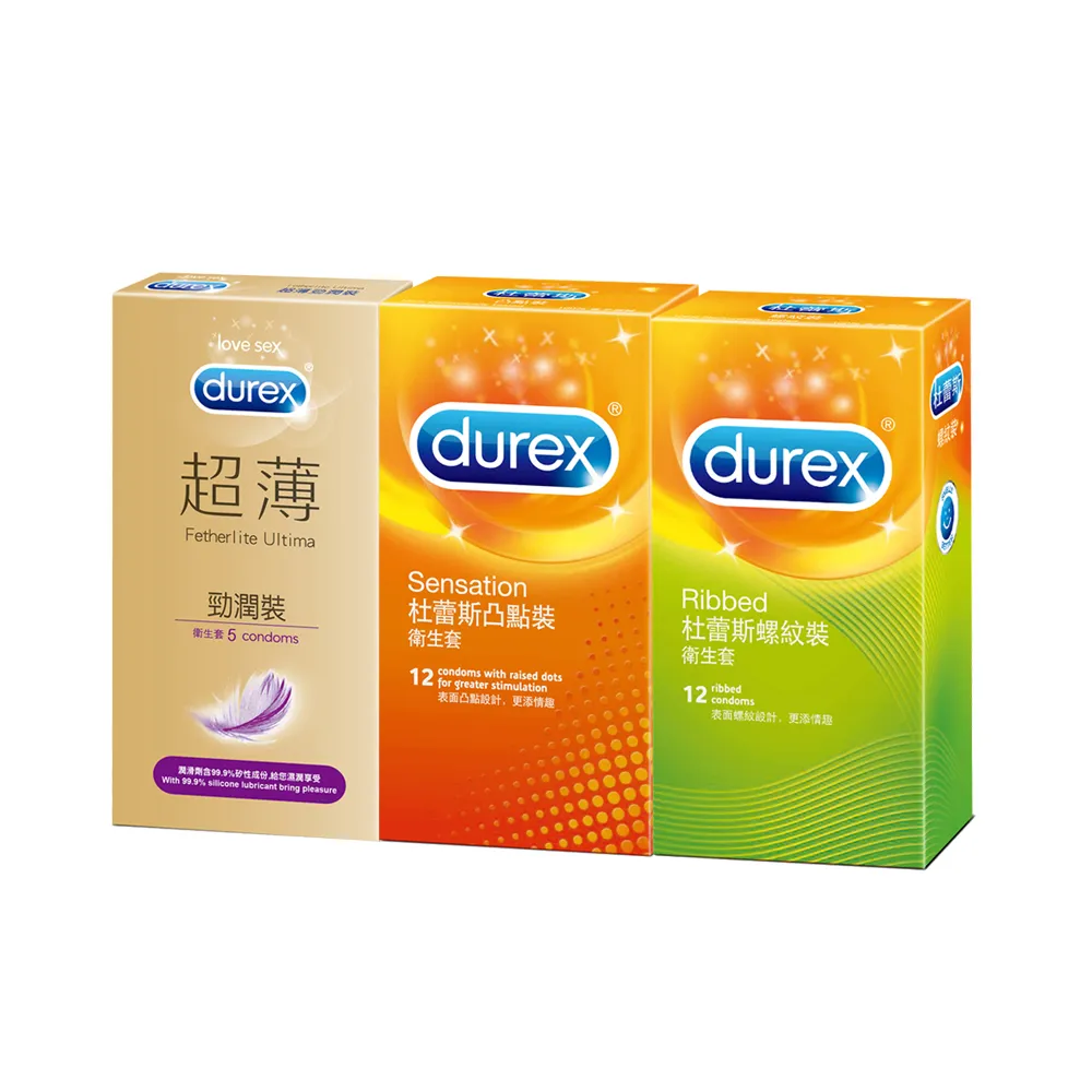 【Durex杜蕾斯】超薄勁潤裝5入+凸點12入+螺紋12入保險套(共29入)