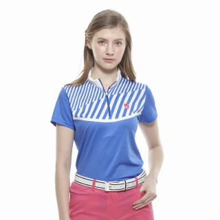 【Lynx Golf】女款吸濕排汗合身版粗細斜條印花短袖立領POLO衫/高爾夫球衫(寶藍色)
