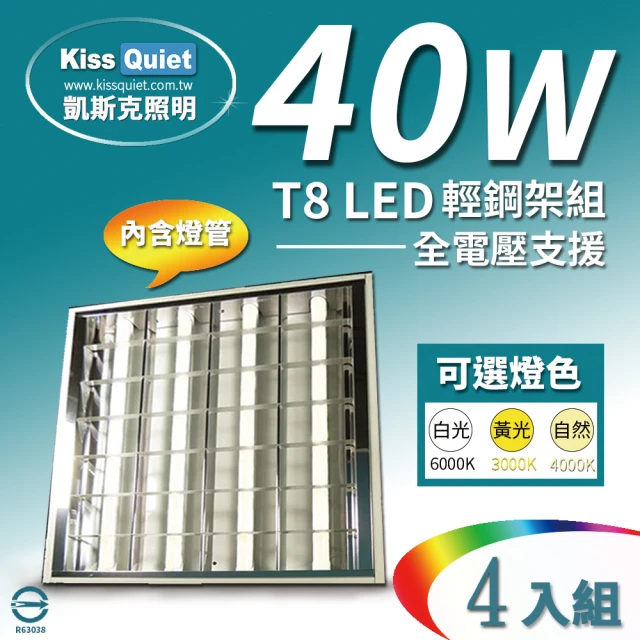 KISS QUIET 4入組 T8 2尺LED燈管專用輕鋼架燈具/含4根燈管(LED燈管/T82尺/輕鋼架/平板燈/TBar/燈管)