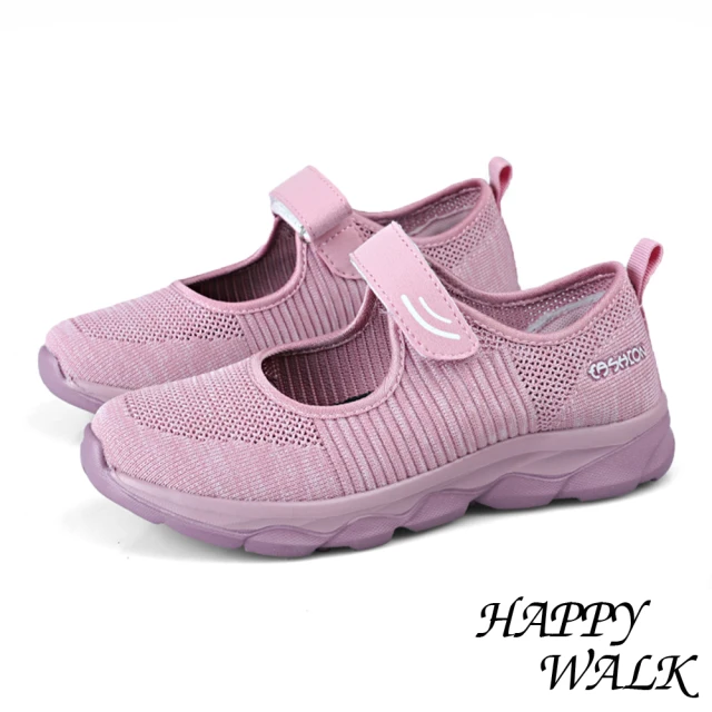 【HAPPY WALK】個性彈力飛織橫線交錯拼接造型魔鬼粘休閒娃娃鞋(粉)
