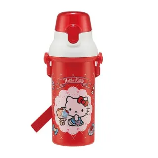 【小禮堂】Hello Kitty 日製 直飲式水壺 附背帶 塑膠水瓶 兒童水壺 隨身瓶 480ml Ag+ 《紅 鏡子》