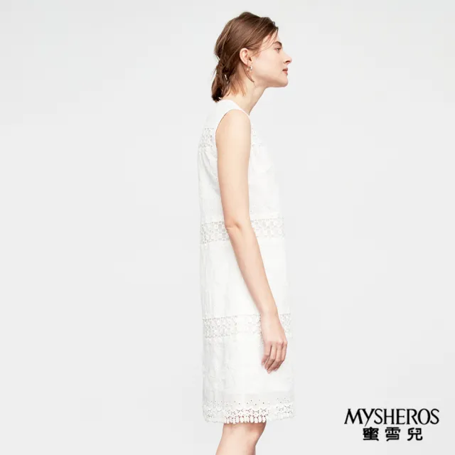 【MYSHEROS 蜜雪兒】天絲棉洋裝 圓領後拉鍊 蕾絲鏤空無袖雙層設計(白)