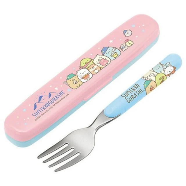 【小禮堂】角落生物 日本製 不鏽鋼叉子 附盒 兒童叉 甜點叉 鐵叉 環保餐具 《粉 露營》