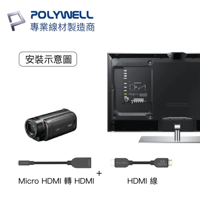 【POLYWELL】Micro HDMI轉HDMI 轉接線 公對母 4K30Hz(支援4K數位攝影DV單眼相機DSLR轉接大螢幕)