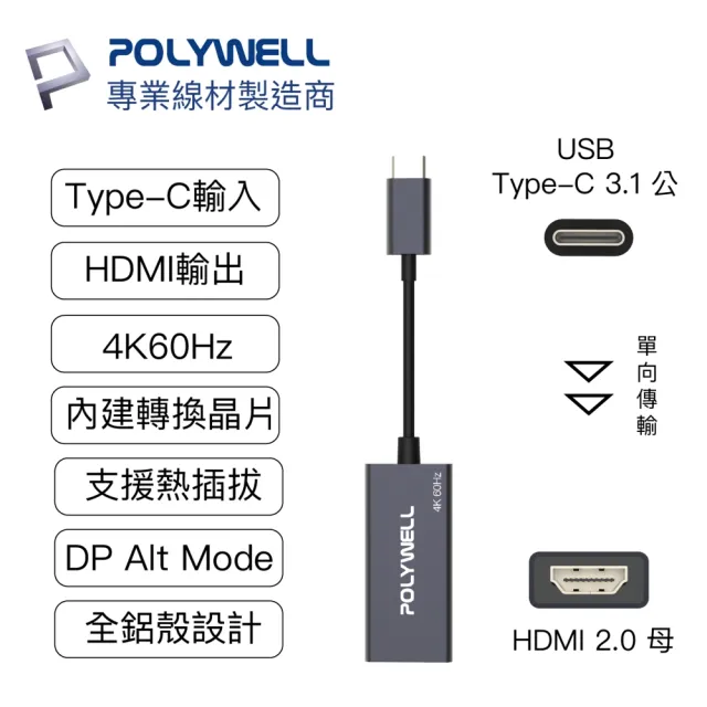 【POLYWELL】Type-C轉HDMI 訊號轉換器 公對母 主動式 4K60Hz(台製晶片 訊號穩定 適配性高)