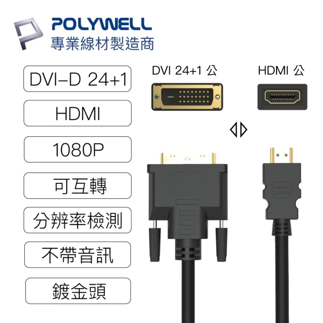 【POLYWELL】HDMI DVI 可互轉 轉接線 公對公 1.8M FHD 1080P(適合DVI顯卡或顯示設備使用)