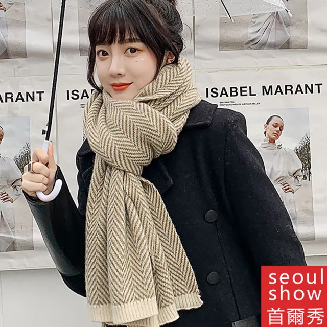【Seoul Show 首爾秀】人字格紋針織加厚仿羊絨圍巾披肩(防寒保暖)