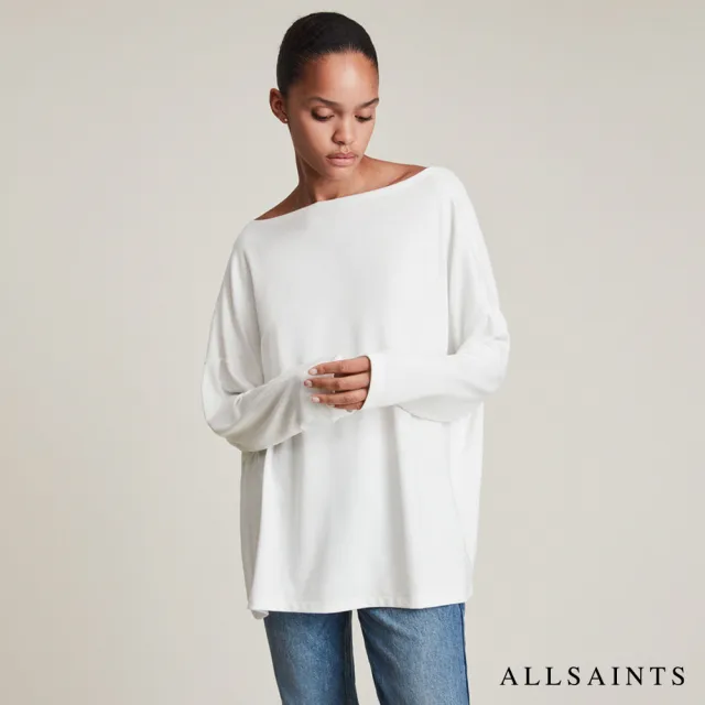 【ALLSAINTS】RITA 簡約美學一字領素面混紡長袖T恤-白 WM020N