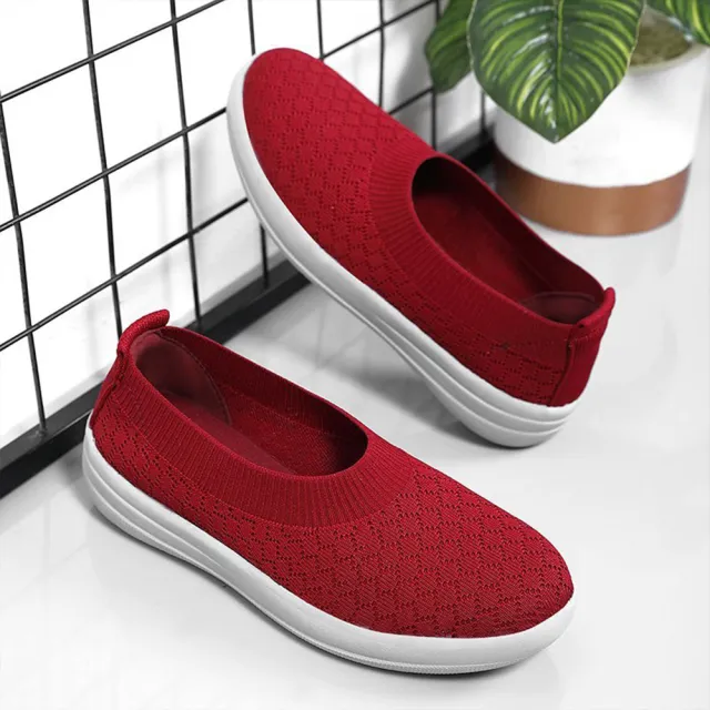 【HAPPY WALK】厚底休閒鞋/舒適彈力飛織襪套時尚百搭休閒鞋(紅)