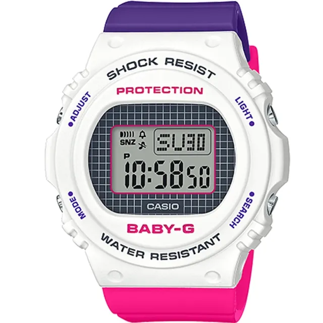 【CASIO 卡西歐】G-SHOCK+BABY-G 復古格紋圓框撞色電子錶-白X桃紅X亮紫(DW-5700THB-7+BGD-570THB-7)