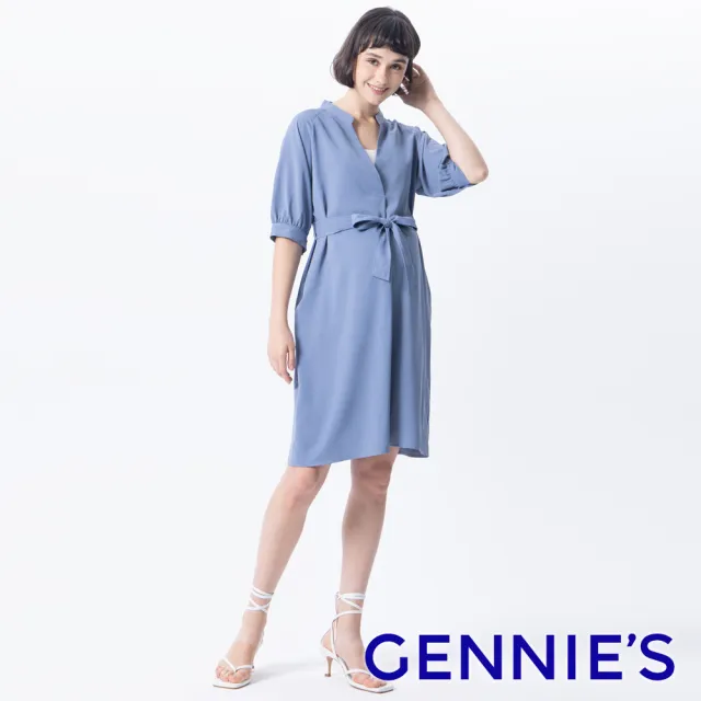 【Gennies 奇妮】公主袖造型綁帶哺乳洋裝-藍(哺乳衣 短袖哺乳衣 五分袖 假二件 雙口袋 多穿法 下拉哺乳)