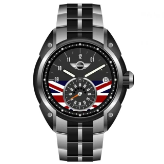 【MINI SWISS WATCHES】石英錶 45mm 黑底英倫旗單眼錶面 不鏽鋼錶帶(銀色)