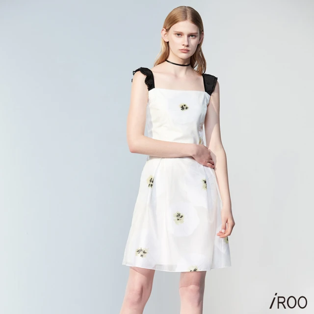 【iROO】白色大花緹花布洋裝