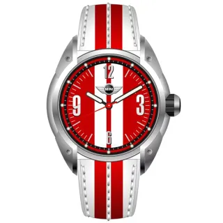 【MINI SWISS WATCHES】石英錶 45mm 紅底白條錶面 紅白皮錶帶(紅白)