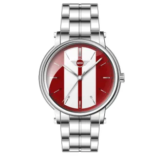 【MINI SWISS WATCHES】石英錶 43mm 紅底白條錶面 不銹鋼錶帶(銀色)
