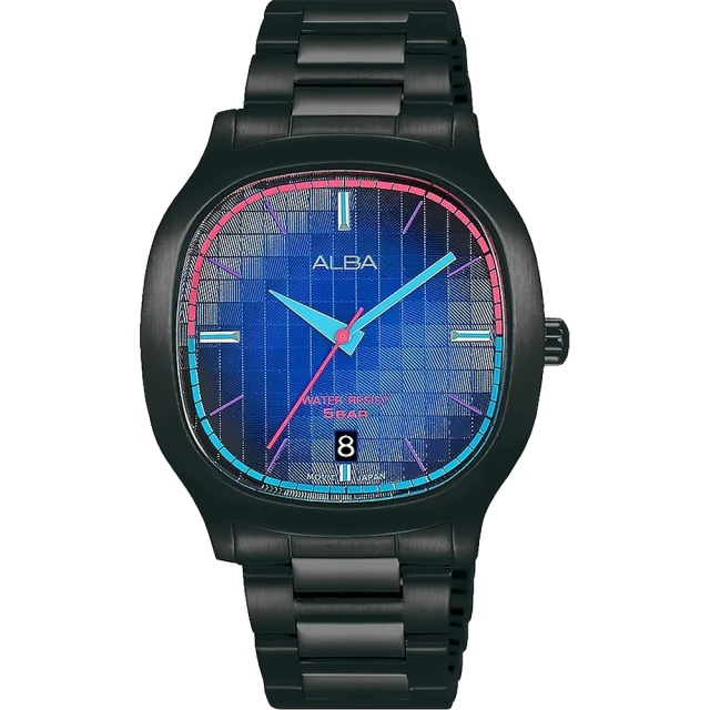 【ALBA】方型強化鏡面日期鋼帶錶-黑色37mm(AS9L87X1)